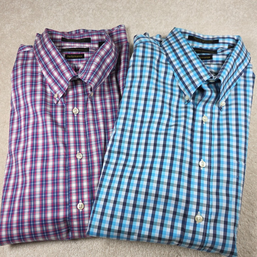 Allen Edmonds Performance Shirt Mens XXL Blue Red Plaid Check Lot of 2 Stretch